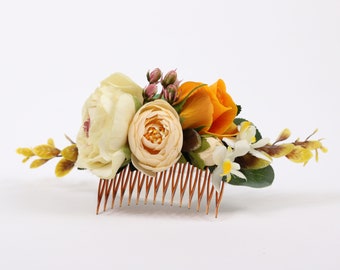 Beige and Navy Ranunculus, Roses Hair Comb for Weddings, Bridal, Bridesmaid, Hens, Formal, Vintage, Rustic, Yellow, Peach, Silk flowers