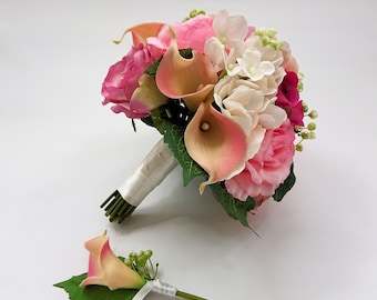 Real and Silk Touch Cream, White, Pink, Velvet Bridal Bouquet and Boutonniere set, artificial wedding flowers