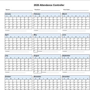 May include: 2026 Attendance Controller form with calendar grids for each month, including space for name, position, and hire date. Features a key for abbreviations like Bereavement and Vacation.