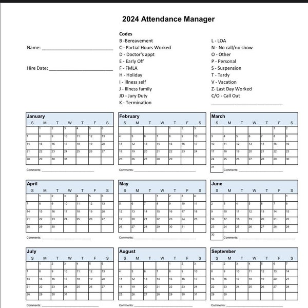 2024 Employee School Attendance Tracker Calendar, Employee Vacation Record, Home School Attendance Record, Small Business, PDF Digital