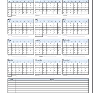 May include: 2026 Attendance Calendar with monthly calendars from January to December. Each month has a grid with dates, days of the week, and space for comments. Includes fields for name, position, and hire date.