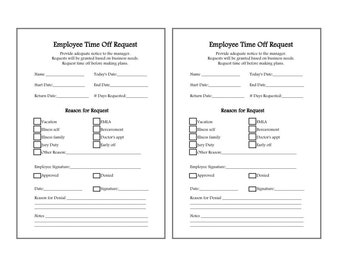 Employee Time Off Request Form Vacation, PTO, Downloadable and Printable, Small Business, Digital File PDF, 2 forms per page