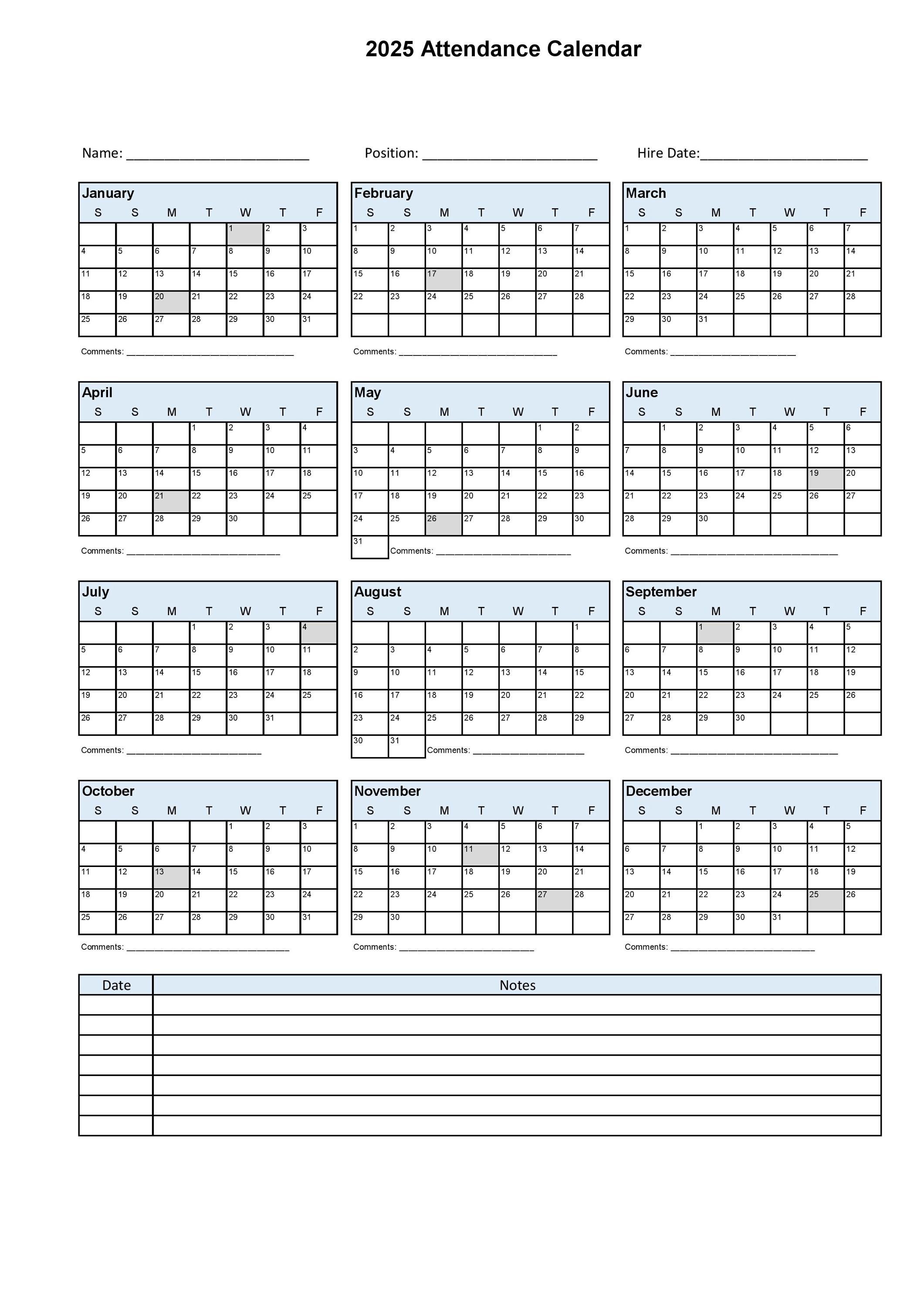 2025 Attendance Calendar Federal Holiday, Saturday Start,  Employee Vacations, Time Off Tracker, Leave Reason, Time Off, Illness, Digital