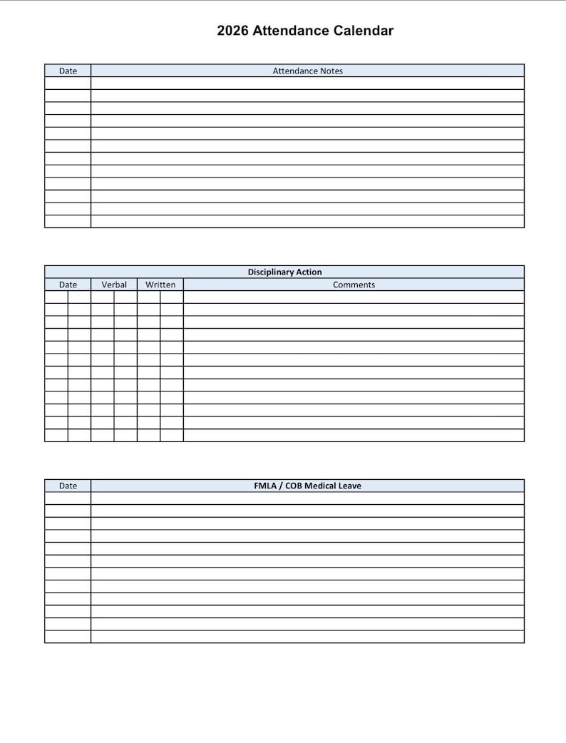 2026 Printable Employee Attendance Tracker | HR Vacation Record (PDF ...