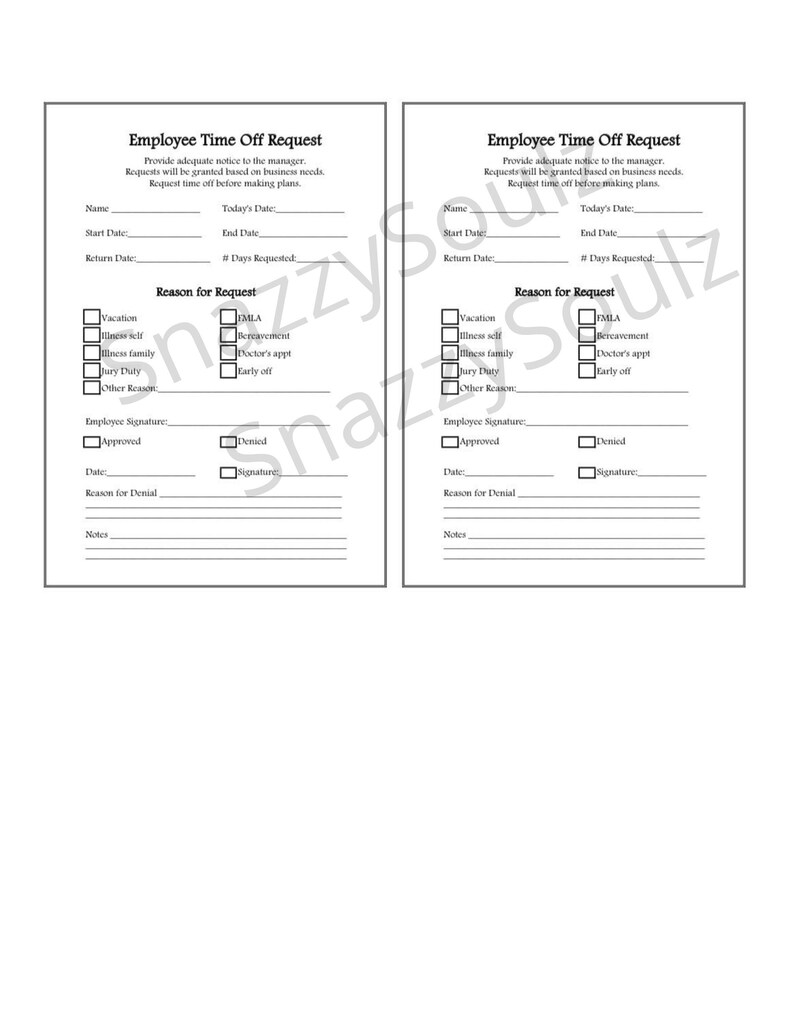 Employee Time off Request Form Vacation PTO Downloadable and - Etsy