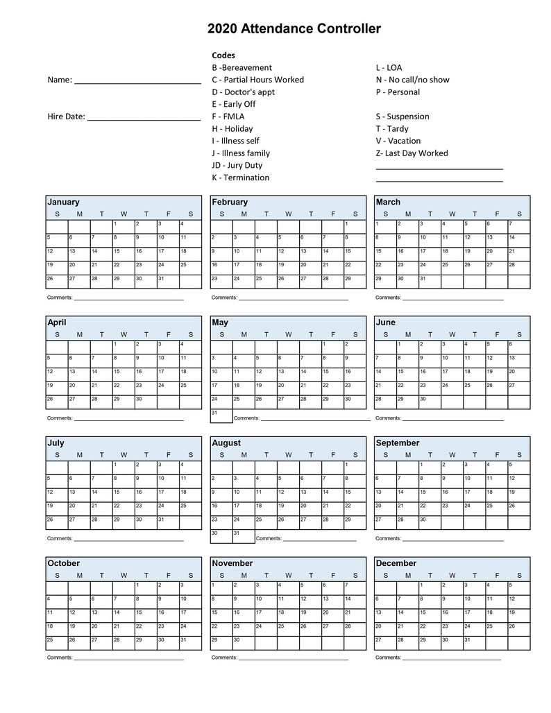 2020 Employee School Attendance Tracker Calendar Employee Etsy
