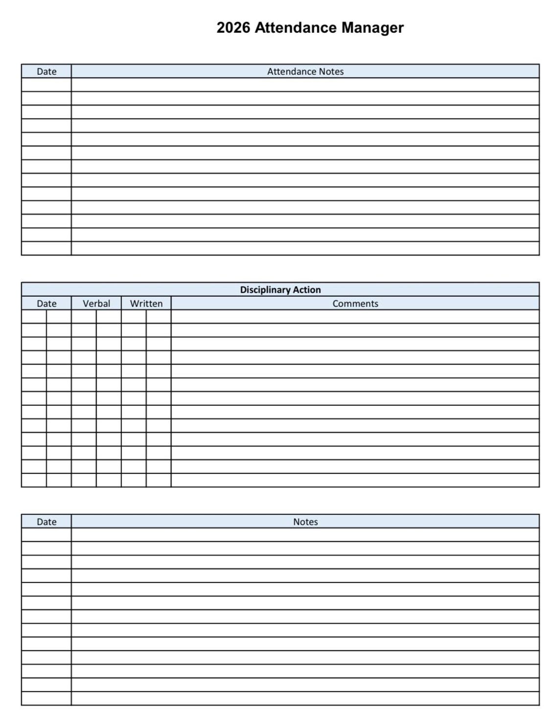 2026 Printable Employee Attendance Tracker | HR Vacation Record (PDF ...