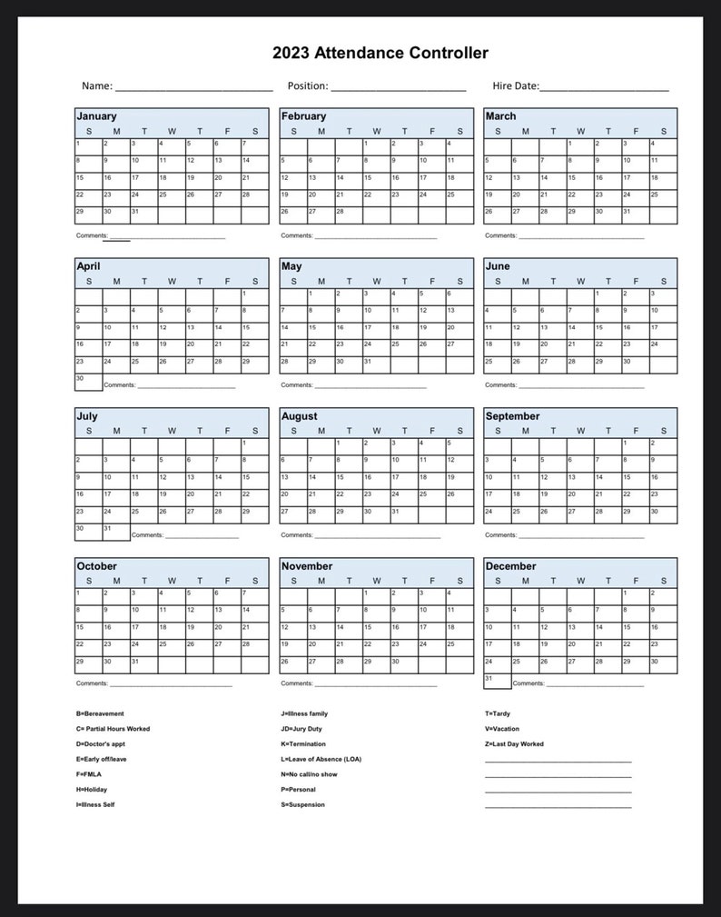 2023 Employee School Attendance Tracker Calendar Employee Etsy