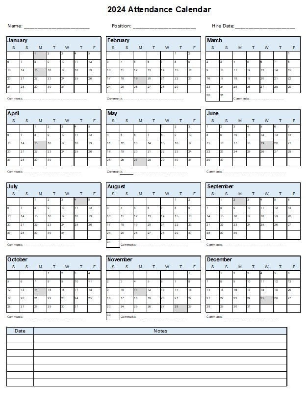 2024-attendance-calendar-federal-holiday-saturday-week-start-employee-notes-vacations-pdf-digital-etsy