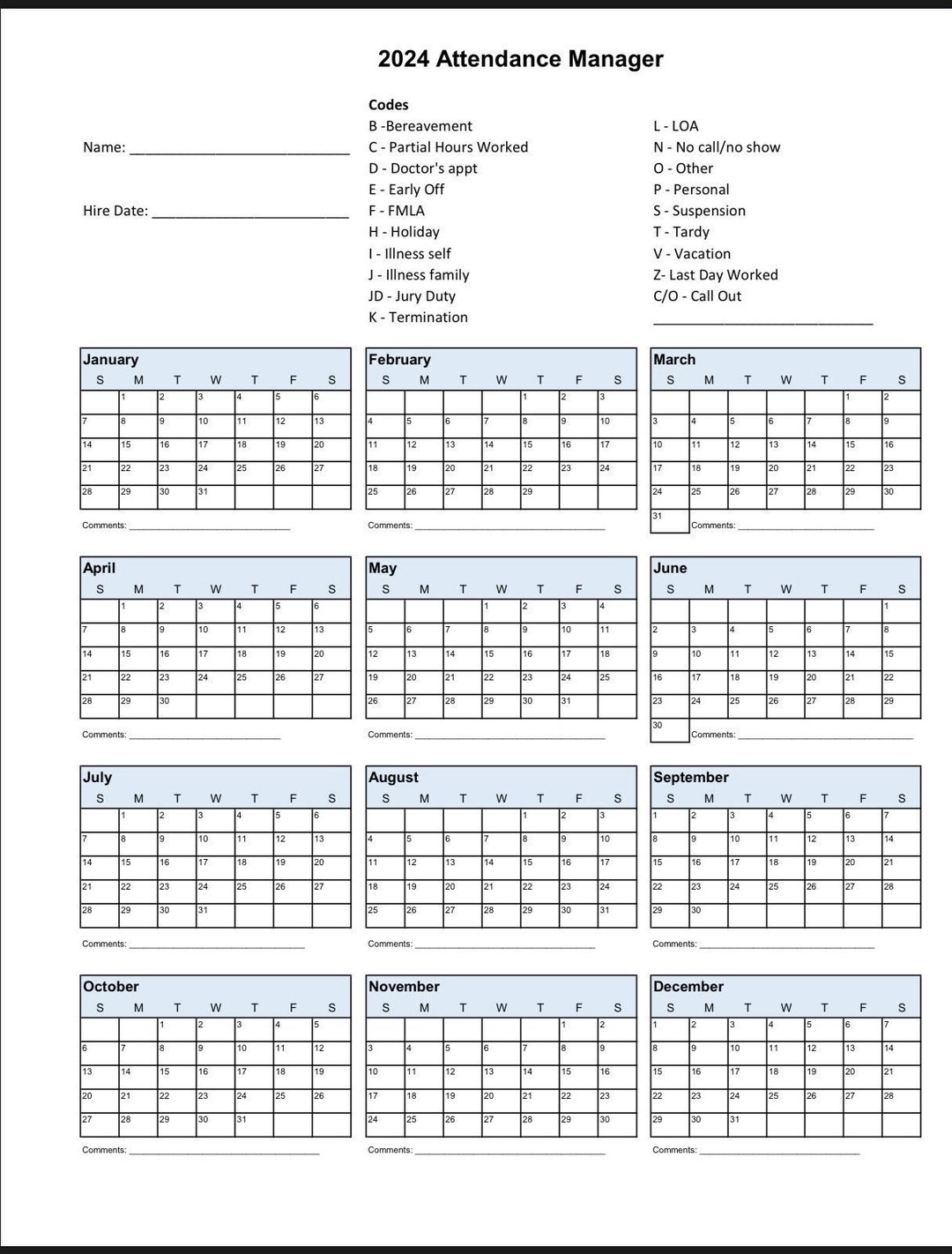 2024 Employee School Attendance Tracker Calendar, Employee Vacation Record, Home School Attendance Record, Small Business, PDF Digital - Etsy 2024-employee-school-attendance-tracker-calendar-employee-vacation-record-home-school-attendance-record-small-business-pdf-digital-etsy