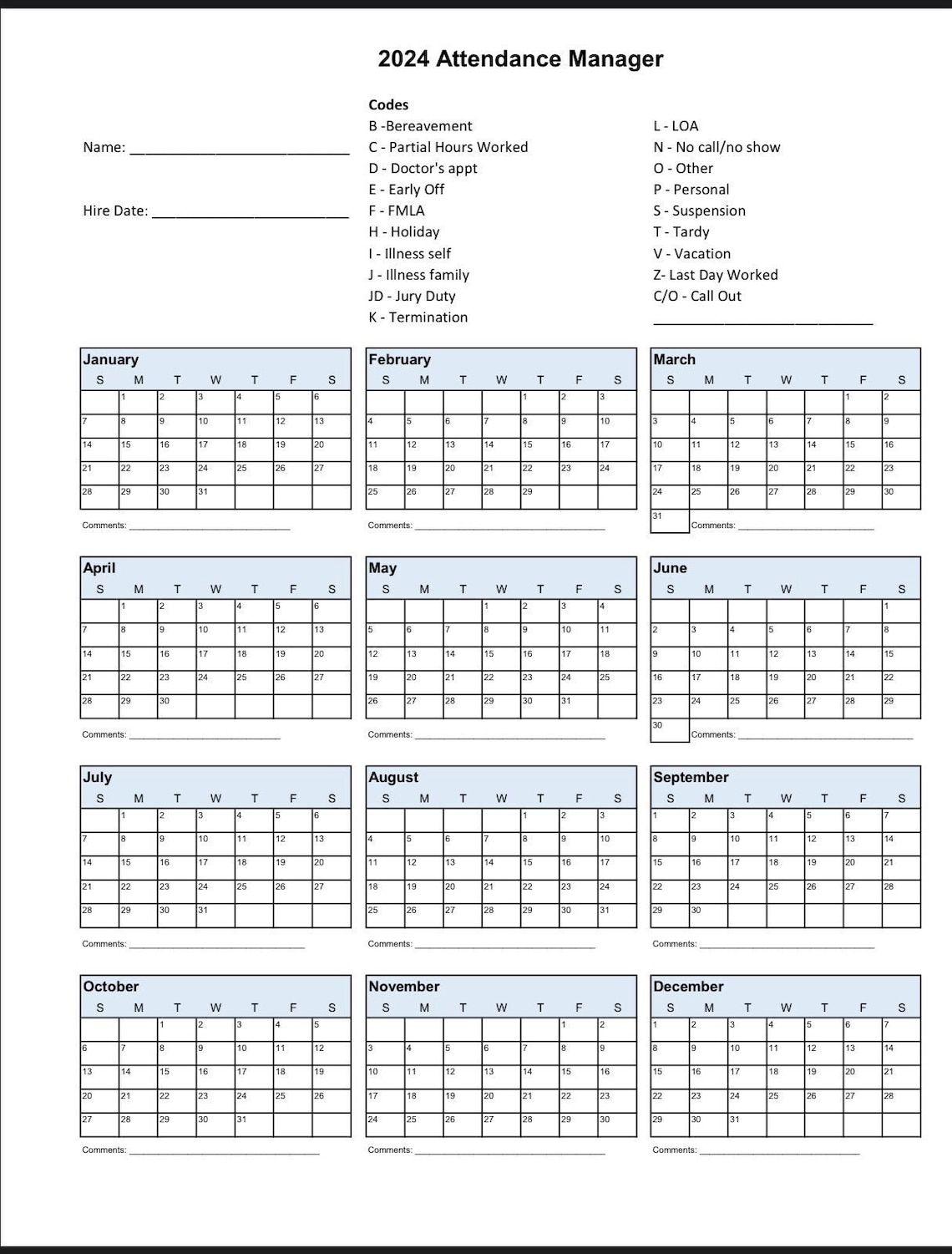 2024 Employee School Attendance Tracker Calendar, Employee Vacation