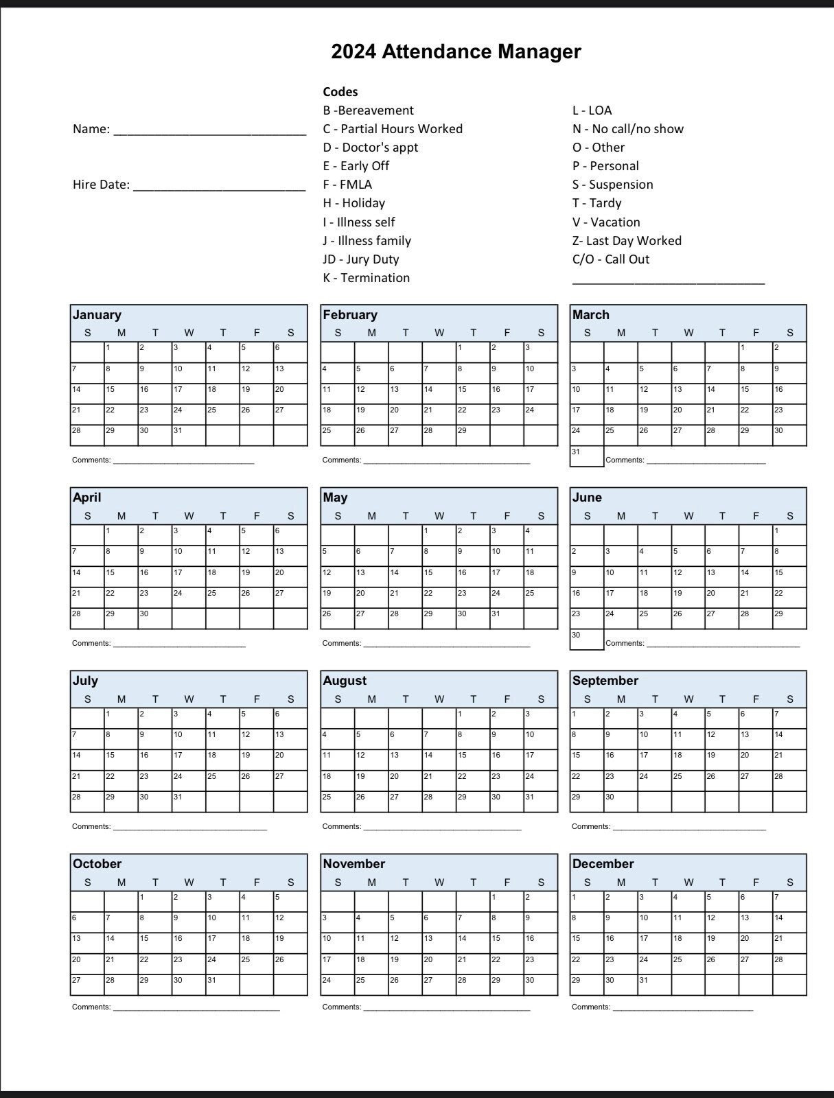 2024 Downloadable Employee Attendance Calendar