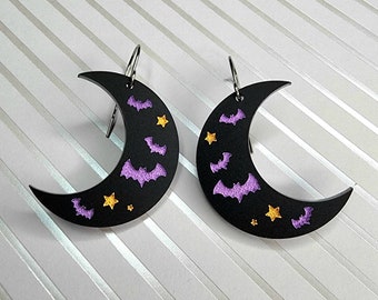 Black batty moon earrings, Halloween earrings, spooky cute earrings perfect for halloween