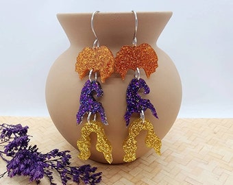 3 witches dangly earrings, Halloween earrings, spooky cute earrings perfect for halloween, scary, amok, hocus pocus, Sanderson sisters
