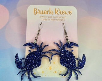 Blue crab dangle earrings, glittery earrings, cute crab earrings, summer earrings, acrylic jewelry, laser cut jewelry, beachy earrings