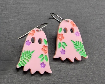 Pink floral ghost earrings, Halloween earrings, spooky cute earrings perfect for halloween