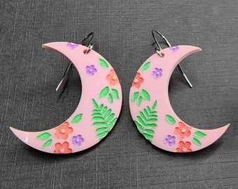 Pink floral moon earrings, Halloween earrings, spooky cute earrings perfect for halloween