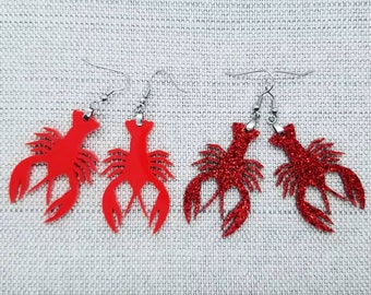 Crawfish dangle earrings, glittery earrings, cute crawfish earrings, summer earrings, acrylic jewelry, laser cut jewelry, beachy earrings