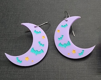 Purple batty moon earrings, Halloween earrings, spooky cute earrings perfect for halloween