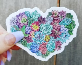 Succulent heart sticker, art sticker, matte sticker, laptop sticker, waterproof sticker, floral sticker, watercolor sticker