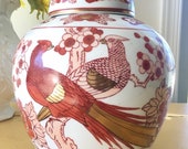 Orange and White Ginger Jar with Lid, Large Gold Imari Porcelain Jar, Japanese Porcelain
