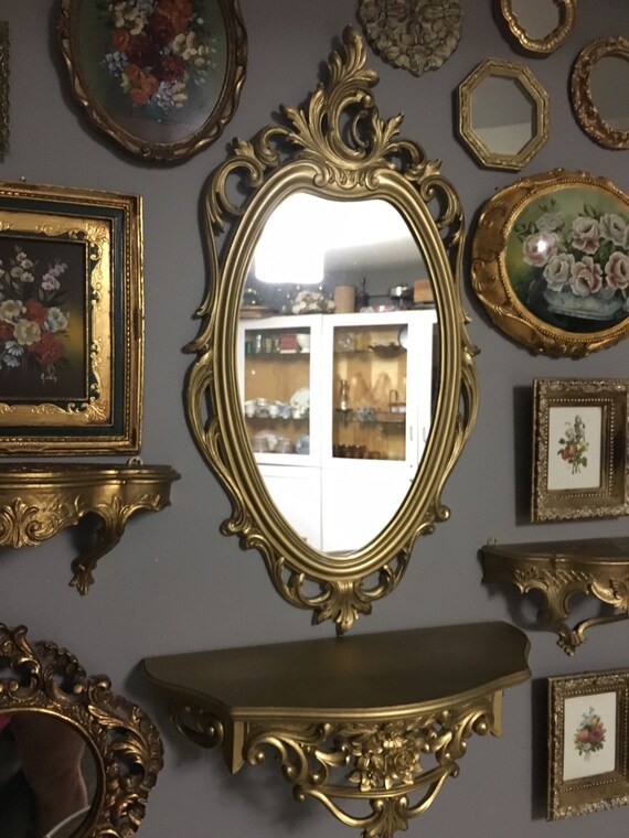 Vintage Ornate Gold Mirror With Decorative Display Shelf