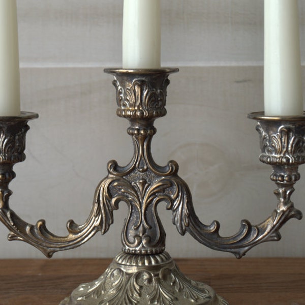 Ornate Silver Plated Candlestick, Elegant Three Arm Taper Candelabra