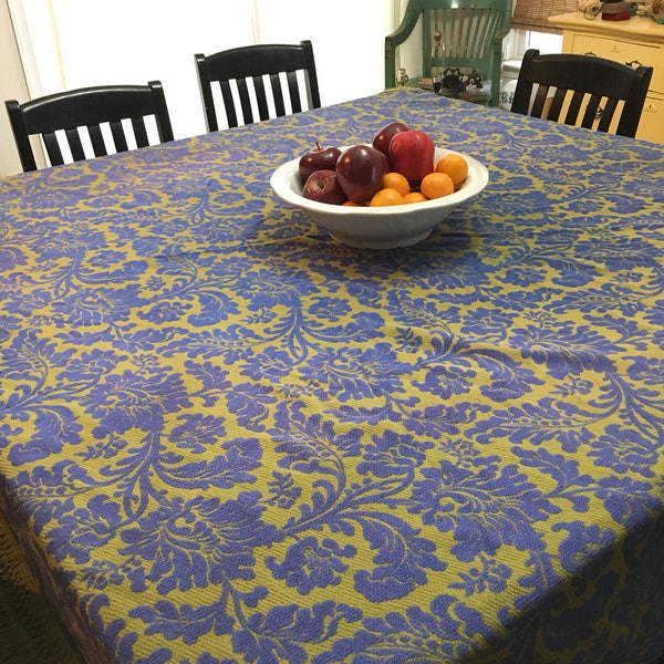 Large Round Woven Tablecloth, Mid Century Fringed Table Cloth, Bates 72" Round Blue Floral Tablecloth, Large Vintage Damask Linens