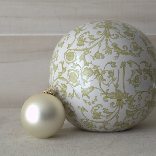 Green and White Chinoiserie, Ceramic Orb, Large Chinoiserie Decorative Ball, Decorative Floral Garden Sphere