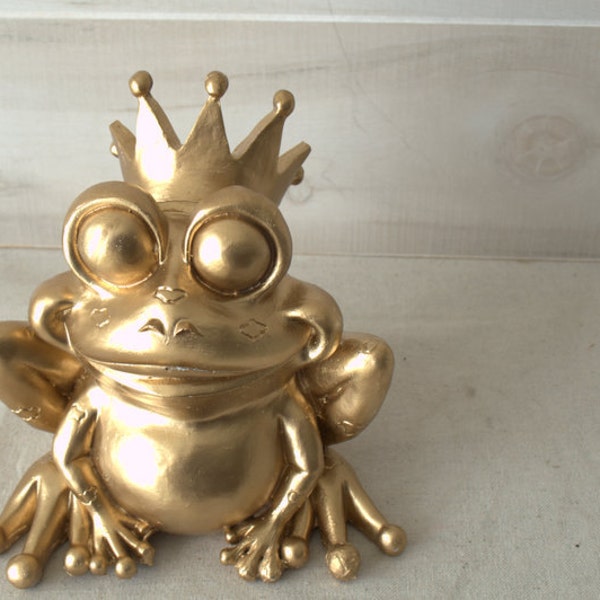 Gold Frog Prince Statue, Whimsical Fairy Tale Figurine