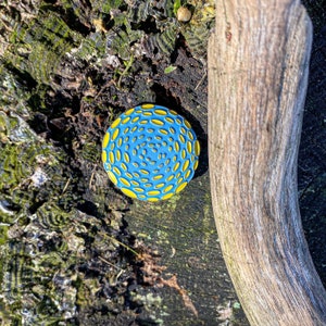 May include: A blue and yellow enamel pin with a circular design of concentric circles of yellow ovals on a blue background. The pin is sitting on a piece of tree bark.
