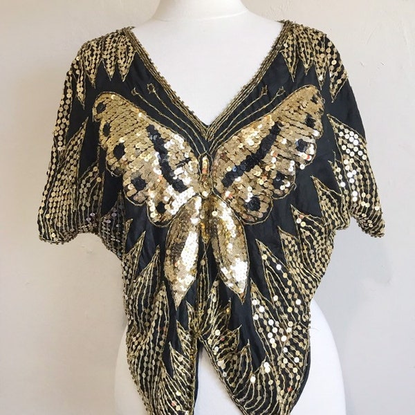 Vintage Butterfly Disco Top | 70s Sequin Black and Gold Beaded Blouse