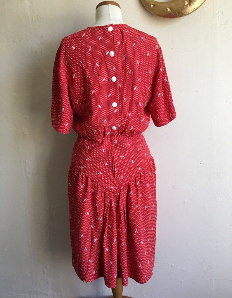 Vintage Belinda Dress 80s does 40s Red Pinup Button Back Dress