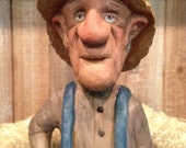 Caricature Farmer Woodcarving Collectible.  Gift for Home, Ranch, Cabin or Farm Setting. Hay Bales & Background NOT Included. FREE SHIPPING!