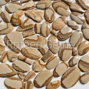 Lote de atacado de pedras preciosas naturais de jaspe cabochão com imagem em diferentes formatos e uso para joias