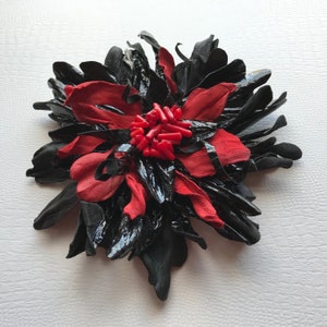 Red and Black Leather Flower Hair Clip, Brooch
