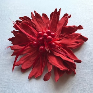 Red Leather Flower Hair Clip, Brooch