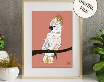 Scarica l'immagine stampabile di un cacatua da parete, stampabile, stampabile, con uccelli australiani, stampabile, idea regalo di compleanno per la decorazione murale di un cacatua