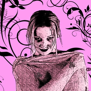 May include: A black and white illustration of a woman with dark hair and a mischievous smile. She is wearing a white garment and is surrounded by black floral designs on a pink background.