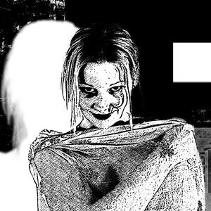 May include: Black and white illustration of a woman with a sinister smile, partially obscured by a white cloth. The background is a dark, textured surface.