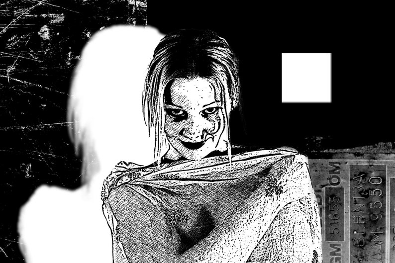 May include: Black and white illustration of a woman with a sinister smile, partially obscured by a white cloth. The background is a dark, textured surface.