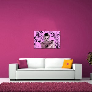 May include: A black and white illustration of a person with a floral background. The person is wearing a white shirt and has their arms crossed. The background is a light pink color.