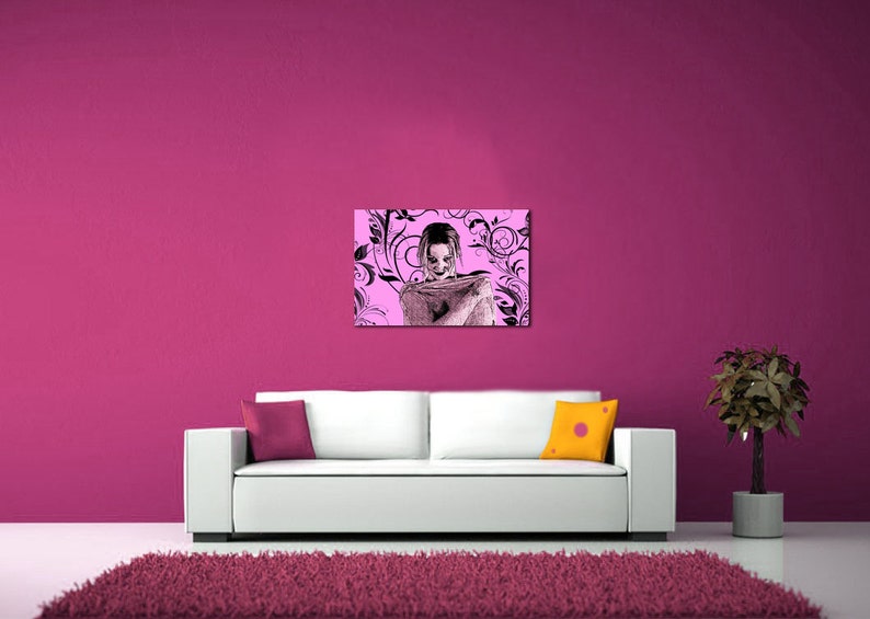 May include: A black and white illustration of a person with a floral background. The person is wearing a white shirt and has their arms crossed. The background is a light pink color.