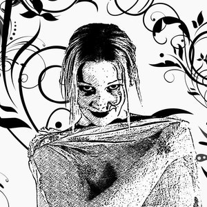 May include: Black and white illustration of a woman with dark hair and a mischievous smile. She is wearing a sheer garment and is surrounded by intricate floral designs.