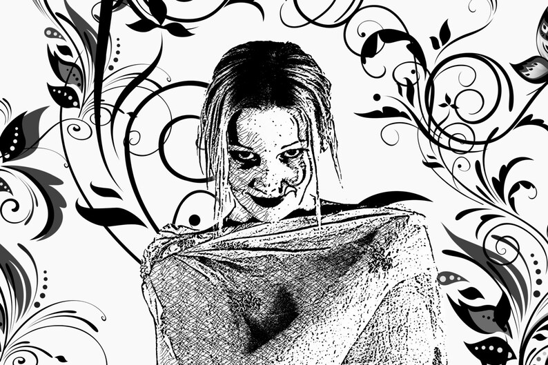 May include: Black and white illustration of a woman with dark hair and a mischievous smile. She is wearing a sheer garment and is surrounded by intricate floral designs.