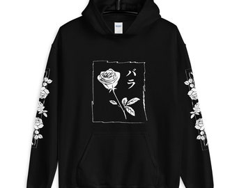 Black/White Rose Oversized Aesthetic Hoodie, Japanese Hoodie, Aesthetic Clothing, Grunge Hoodie, Flower Hoodie,Aesthetic, Cute,Kawaii,Unisex