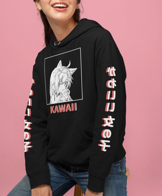 Kawaii Girl Embroidery Black Sweatshirt Harajuku Style Oversize