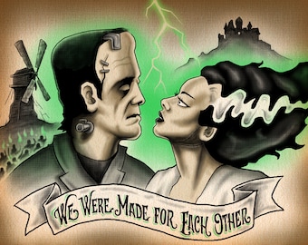 Puede incluir: Una ilustración verde y negra de Frankenstein y su novia con una pancarta que dice "Fuimos hechos el uno para el otro".