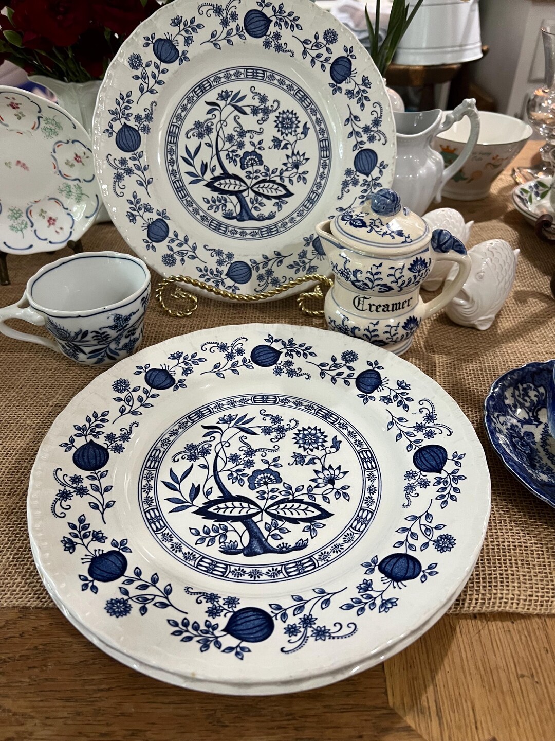 Blue and White Vintage English Dinner Plates. Set of 3. Tunstall