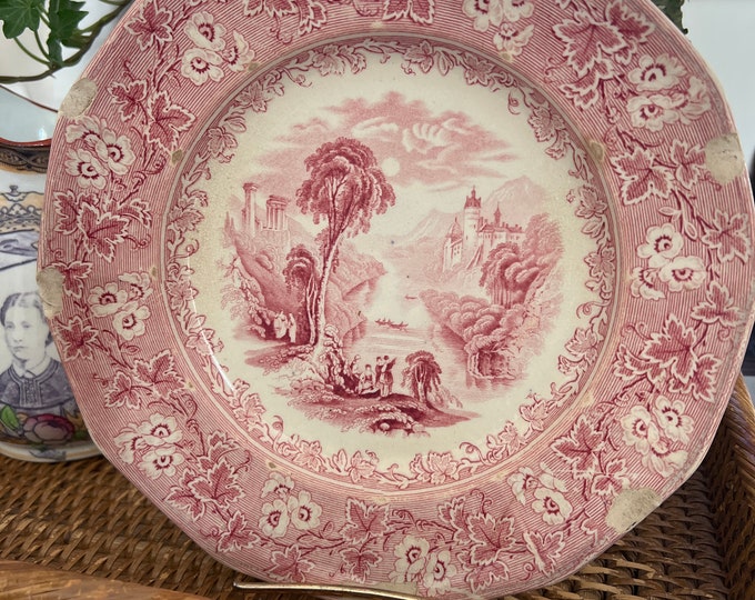 Pink and White Transferware Chinoiserie Plate. - Etsy